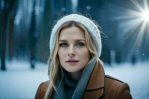 une magnifique blond femme dans une hiver forêt. généré par ai photo