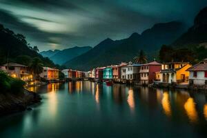 une rivière dans le montagnes à nuit avec Maisons. généré par ai photo