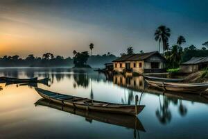 bateaux sur le l'eau à lever du soleil dans une village. généré par ai photo