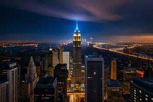 le Empire Etat bâtiment est allumé en haut à nuit. généré par ai photo