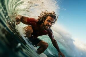 proche en haut visage de homme équitation une vague sur Haut une planche de surf à le mer bokeh style Contexte avec génératif ai photo