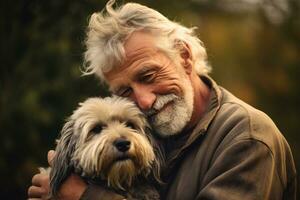 proche en haut de vieux homme étreindre le sien chien bokeh style Contexte avec génératif ai photo