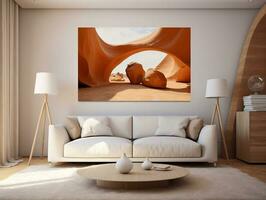 futuriste vivant pièce avec marron bois meubles et blanc incurvé canapé ai génératif photo