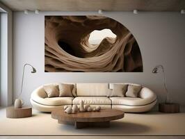 futuriste vivant pièce avec marron bois meubles et blanc incurvé canapé ai génératif photo