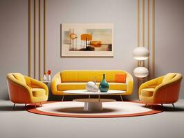 moderne vivant pièce avec Jaune chaises et café table ai génératif photo