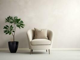 vivant pièce avec moderne chaise et mis en pot plante dans de face de une blanc mur ai génératif photo