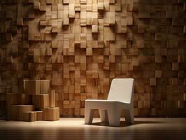 en bois bloquer mur avec une minimaliste chaise dans de face de il ai génératif photo