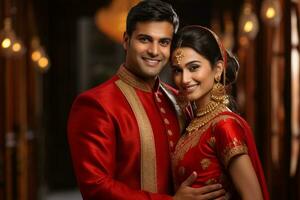 une content Indien la mariée et jeune marié portant traditionnel rouge tenue bokeh style Contexte avec génératif ai photo
