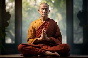 bouddhiste moine conscient méditation dans de face de Naturel Contexte bokeh style Contexte avec génératif ai photo