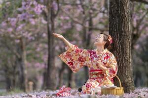 Japonais femme dans traditionnel kimono robe en portant le sucré hanami dango dessert tandis que séance dans le parc à Cerise fleur arbre pendant printemps Sakura Festival photo