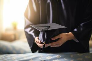 main en portant en haut l'obtention du diplôme chapeau dans salle de bains bokeh style Contexte avec génératif ai photo