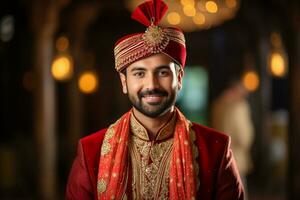 une Indien jeune marié dans traditionnel robe souriant à le caméra bokeh style Contexte avec génératif ai photo