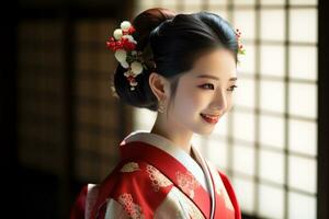 magnifique Japonais nationalité femelle portant kimono portraits bokeh style Contexte avec génératif ai photo