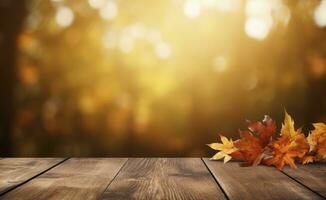 en bois table orné avec l'automne feuilles et la nature paysage bokeh. ai généré photo