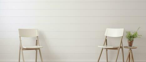 minimaliste réglage avec deux blanc pliant chaises à côté de une en bois mur sur une en bois sol. ai généré photo
