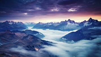 l'automne paysage nocturne avec laiteux façon plus de enveloppé de brouillard montagnes et vallée éclairage. ai généré photo