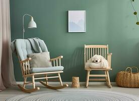 minimaliste pastel vert enfant pièce avec une en bois balancement chaise. ai généré photo