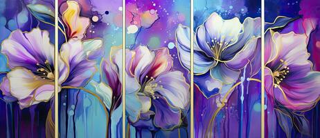 quintette de multicolore aquarelle fleurs avec or accents dans foncé violet et Azur abstrait expressionniste style. ai généré photo