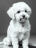 content chien bichon frise noir et blanc monochrome photo dans studio éclairage