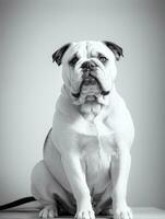content chien bouledogue noir et blanc monochrome photo dans studio éclairage