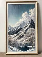 encadré La peinture art de neigeux montagnes avec Lac et blanc des arbres. génératif ai photo