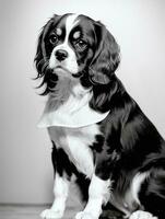 content cavalier Roi Charles épagneul chien noir et blanc monochrome photo dans studio éclairage