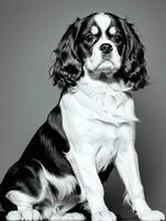 content cavalier Roi Charles épagneul chien noir et blanc monochrome photo dans studio éclairage