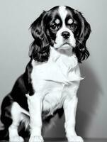 content cavalier Roi Charles épagneul chien noir et blanc monochrome photo dans studio éclairage