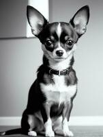 content chihuahua chien noir et blanc monochrome photo dans studio éclairage