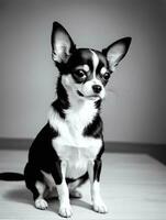 content chihuahua chien noir et blanc monochrome photo dans studio éclairage