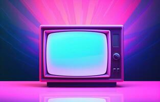 vieux la télé dans rose bleu pente néon lumière. rétro coloré image. vieux la télé néon génératif ai photo