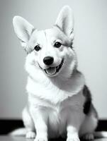 content pembroke gallois corgi chien noir et blanc monochrome photo dans studio éclairage