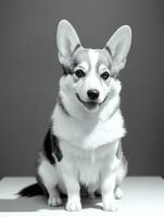 content pembroke gallois corgi chien noir et blanc monochrome photo dans studio éclairage