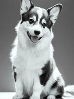 content pembroke gallois corgi chien noir et blanc monochrome photo dans studio éclairage