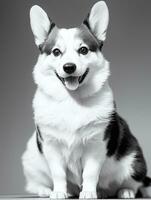 content pembroke gallois corgi chien noir et blanc monochrome photo dans studio éclairage