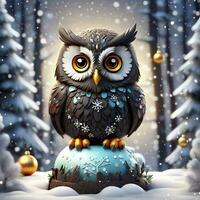 hibou oiseau sur hiver Contexte graphique pour Noël a des arbres photo