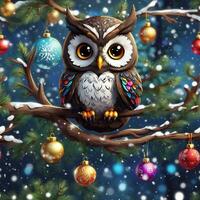 hibou oiseau sur hiver Contexte graphique pour Noël a des arbres photo