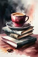 aquarelle graphique, café et beaucoup de livres photo