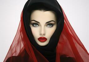 femme avec rouge voile. élégant maquillage avec classique charme. ai génératif photo