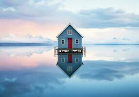 une peu maison dans le milieu de le l'eau avec montagnes dans le Contexte. Couleur palette avec le essence de la nature. hiver temps. ai génératif photo