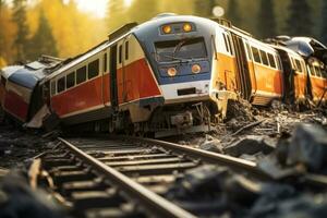 train sur le chemin de fer des pistes dans le l'automne forêt. sélectif se concentrer, sérieux rail accident, ai généré photo