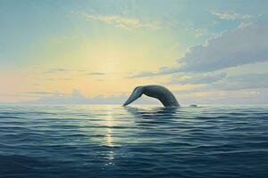 baleine dans le mer à le coucher du soleil. 3d rendre illustration, paysage marin avec baleine queue, ai généré photo