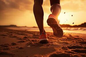 coureur athlète fonctionnement sur plage. femme aptitude le jogging faire des exercices bien-être concept, fonctionnement à le plage, proche en haut de jambe, rêveur le coucher du soleil effet, ai généré photo