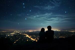 silhouette de couple séance sur le Haut de une Montagne et en train de regarder le nuit ville, arrière vue silhouettes de une couple séance sur le Haut de le colline à la recherche et montrer du doigt en dehors à, ai généré photo