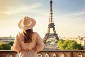 Jeune femme dans chapeau avec Eiffel la tour dans arrière-plan, Paris, France, arrière vue de femme touristique dans Soleil chapeau permanent dans de face de Eiffel la tour dans Paris. Voyage dans France, tourisme concept, ai généré photo