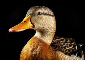 réaliste portrait de une canard isolé sur foncé Contexte. ai généré photo