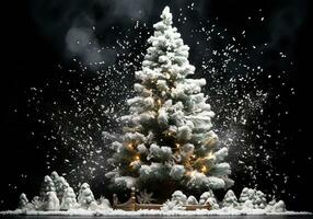 Noël arbre avec neige isolé sur foncé Contexte. ai généré photo