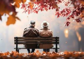 Sénior couple séance sur jardin banc dans l'automne avec chute feuilles. tendresse et complicité. ai généré photo