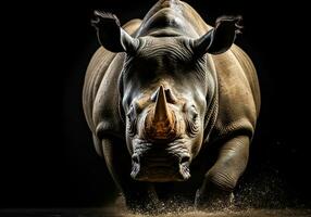 réaliste fermer portrait de une rhinocéros sur foncé Contexte. ai généré photo