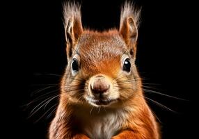 réaliste fermer portrait de une rouge écureuil sur foncé Contexte. ai généré photo